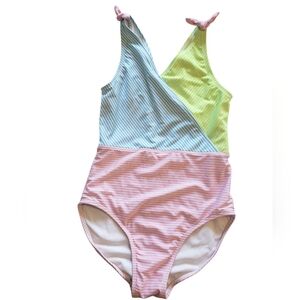 Cat & Jack Blue, Pink and Green One Piece Swimsuit V-Neck Design XL 14/16. NWOT